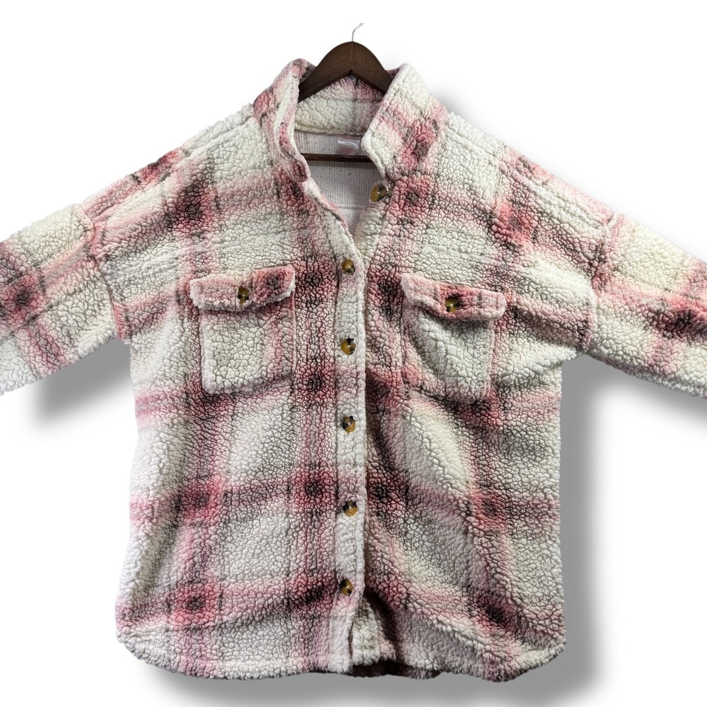 No Boundaries Plush Quilted Sherpa Shacket Pink Cream Plaid 3XL XXXL Button